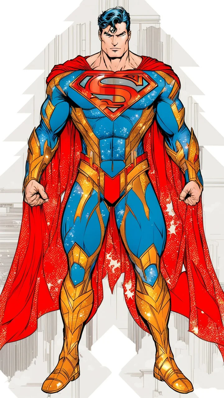 Superman in an advanced, decorated cosmic suit. The background is destroyed buildings and a sky colored with stars, planets and spaceships