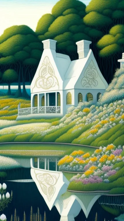 A house made out of white fathers designed in a field of white wild flowers paintings painted by Paul Ranson , Busch painting style, all white, by the lake, fine line draw style