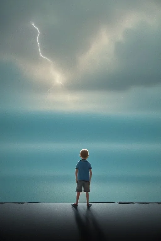 young boy looking out to sea with another man laying down behind him, dark storm clouds overhead, lightning, shopping trolley on side, dusk. the road cormac mccarthy