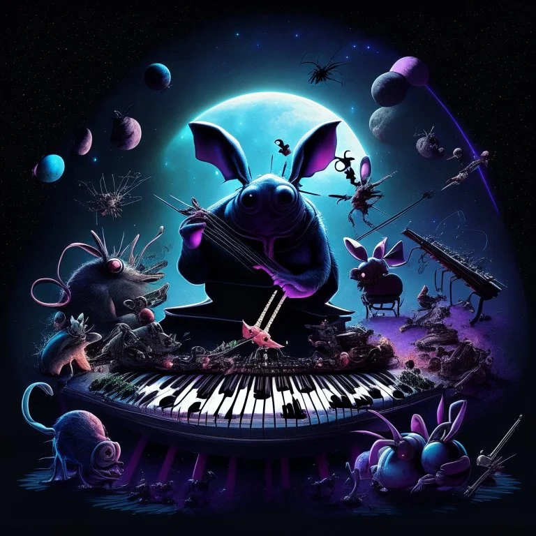 dark colours bugs bunny being a composer piano violin and is surrounded by swarm pig pig swinewasp swine pigpen pigsty on an diffrent planet cosmos lovecraft