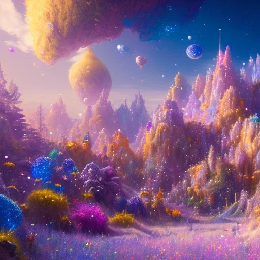 blue gold and violet landscape with multicolored crystals falling from the sky, full of details, smooth, bright sunshine，soft light atmosphere, light effect，vaporwave colorful, concept art, smooth, extremely sharp detail, finely tuned detail, ultra high definition, 8 k, unreal engine 5, ultra sharp focus