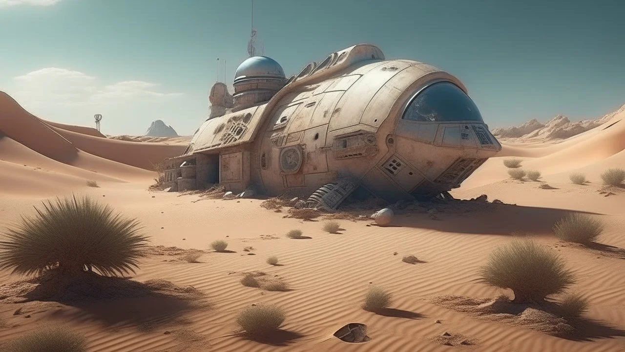 space ship in the desert surrounded by lost things