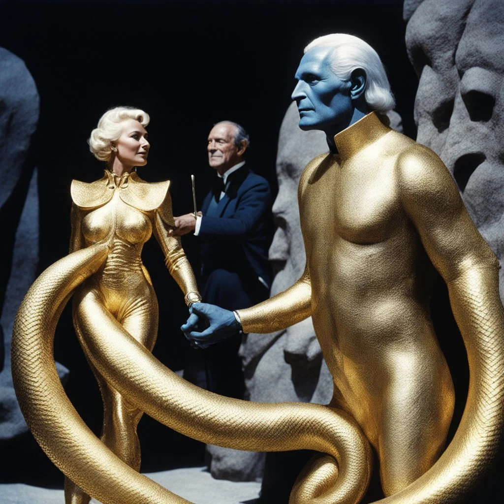 (crazy psychedelic high res photo by Ray Harryhausen) The first is tall, his skin gleaming like polished gold, with eyes that seem to reflect no light at all. The second is a woman with silver hair that writhes like serpents, her form shifting in and out of focus. The third bears no face at all, only a void where features should be, yet you can feel the intensity of its gaze boring into you like a physical force. These are not mere soldiers—they are embodiments of something darker, something tha