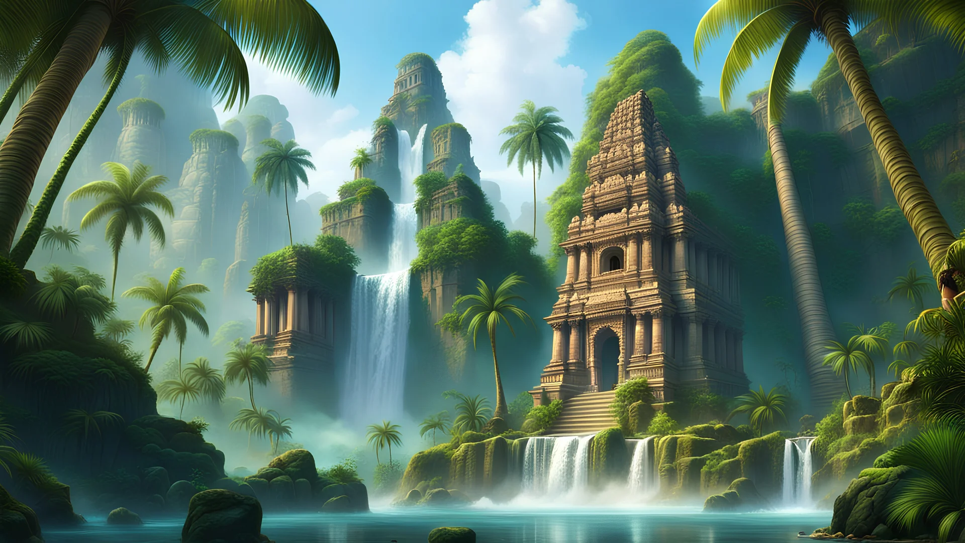 храмы древние индии каджухаро в джунглях пальмы скалы тропики водопады лианы руины фэнтези арт 8k