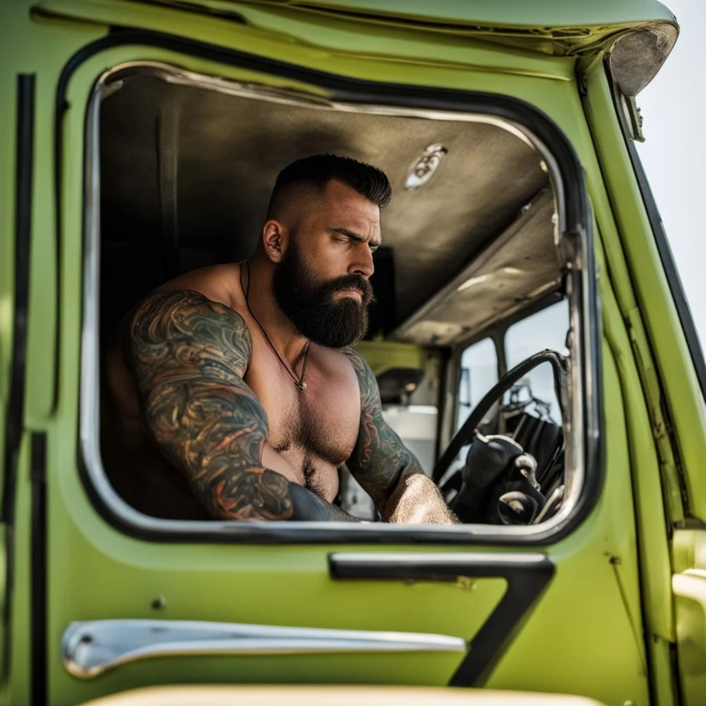 photography of a truck beefy driver sleeping in truck, inside cab,, sweaty , massive with tattoos and short beard, Romanian, muscular and manly chest, shorts, , seen from below