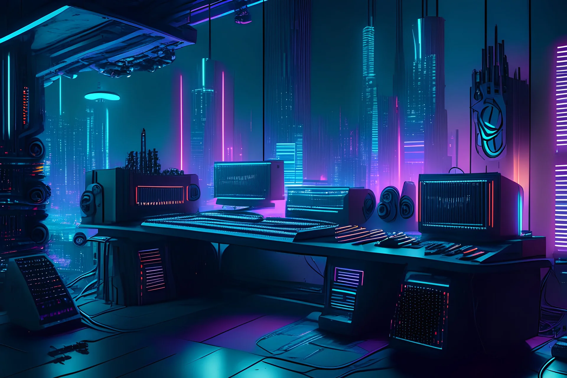 an empty tokyo music studio with keyboard desk speakers, subwoofer and monitors in the heart of a neon-lit, metropolis for robots, filled with diverse futuristic technology. The scene is a blend of gritty realism and vivid imagination, with towering holographic and a cacophony of sights and sounds. 32K UHD, dynamic colors, and intricate details create an immersive and engaging image.