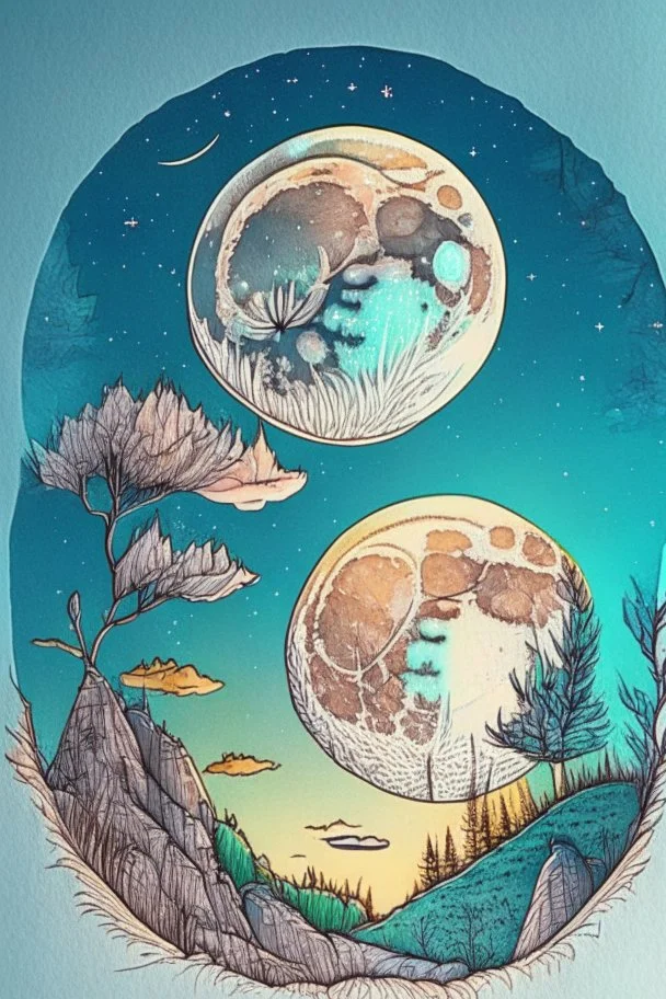 Large moon in the sky, nature doodles, drawing, color, detailed