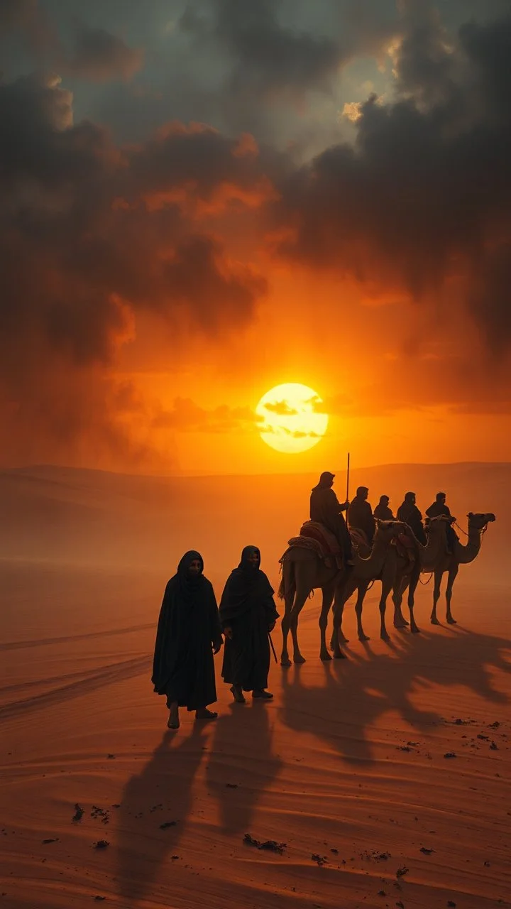 Bosch painting style nightmare , 3D ,a caravan in the desert of prisoners slave in black tied to camels in a dramatic misty scene of the sunset time in a stormy weather in the desert background, high Quality picture , 8k