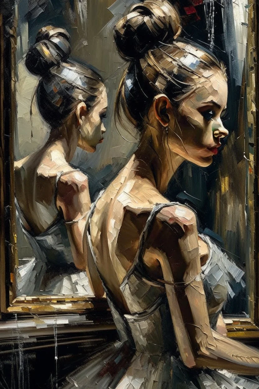 a beautiful ballerina, in a studio, Infront of a mirror, side profile with eyes looking slightly Down, her reflection in the mirror is however looking straight back at her and not looking down, scary, dark undertone, 12k, detailed painting, thick impasto and textures with rough brush strokes, chaos background with cracked paint, peeling off