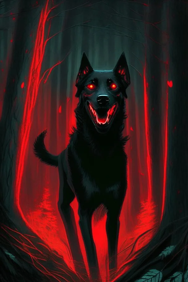 in the style of William Adolphe Bouguereau, a monstrous black hound with red, glowing eyes in a dark forest with a wicked grin