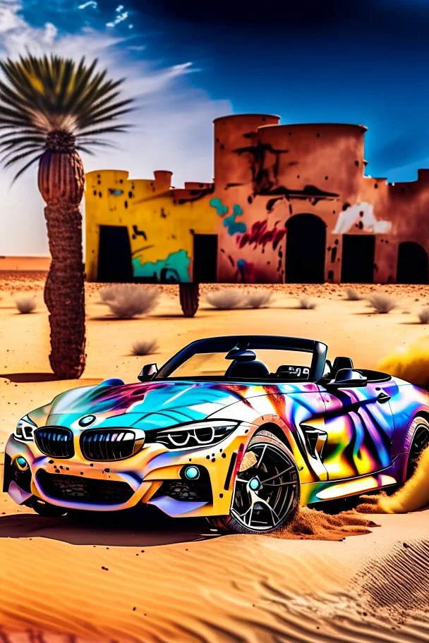 a realistic photo of a bmw z4,the car is spray painted with graffiti, desert background with sand storm to make the car stand out, colorful and stylish graffiti, 12k highly detailed and realistic , Masterpiece, dramatic product shot