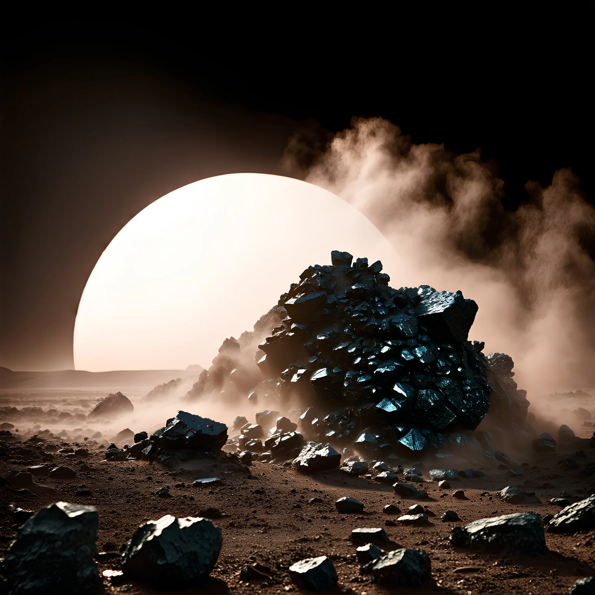 A striking quality photograph captures a wasteland, creepy, details of the dust very accentuated, glossy organic mass, adorned with minerals and rocks. Bathed in intense light, eerie, Max Ernst and Yves Tanguy style, black sun, fog, volumetric light, octane render