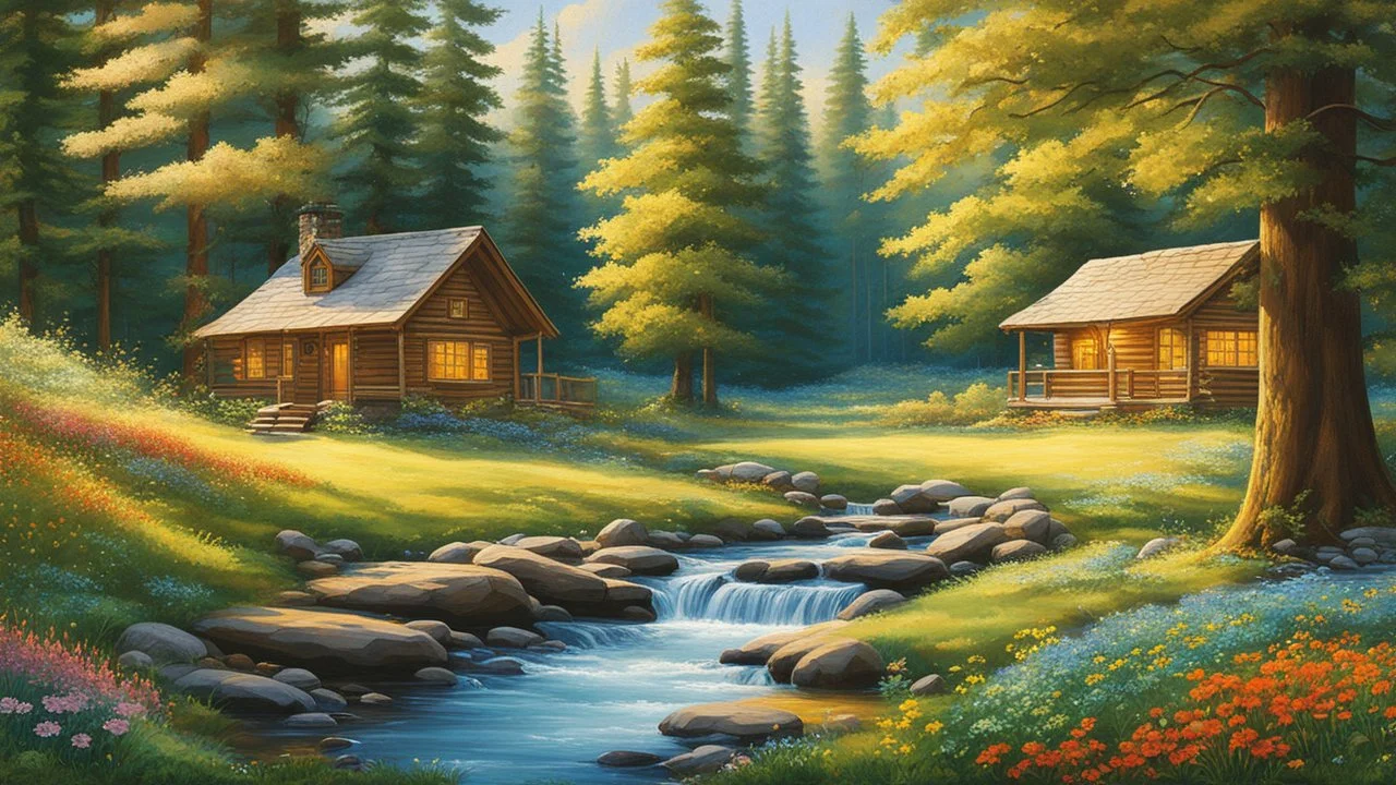 Craft an image of a serene, verdant forest bathed in soft, golden sunlight. Show a tranquil stream winding through the trees, reflecting the clear blue sky above. Birds soar overhead, and colorful wildflowers carpet the forest floor. In the distance, a cozy cabin nestled among the trees exudes warmth and safety. Let the image evoke feelings of peace, harmony, and the beauty of nature, offering viewers a comforting refuge in a chaotic world. Photograph, realistic, chiaroscuro