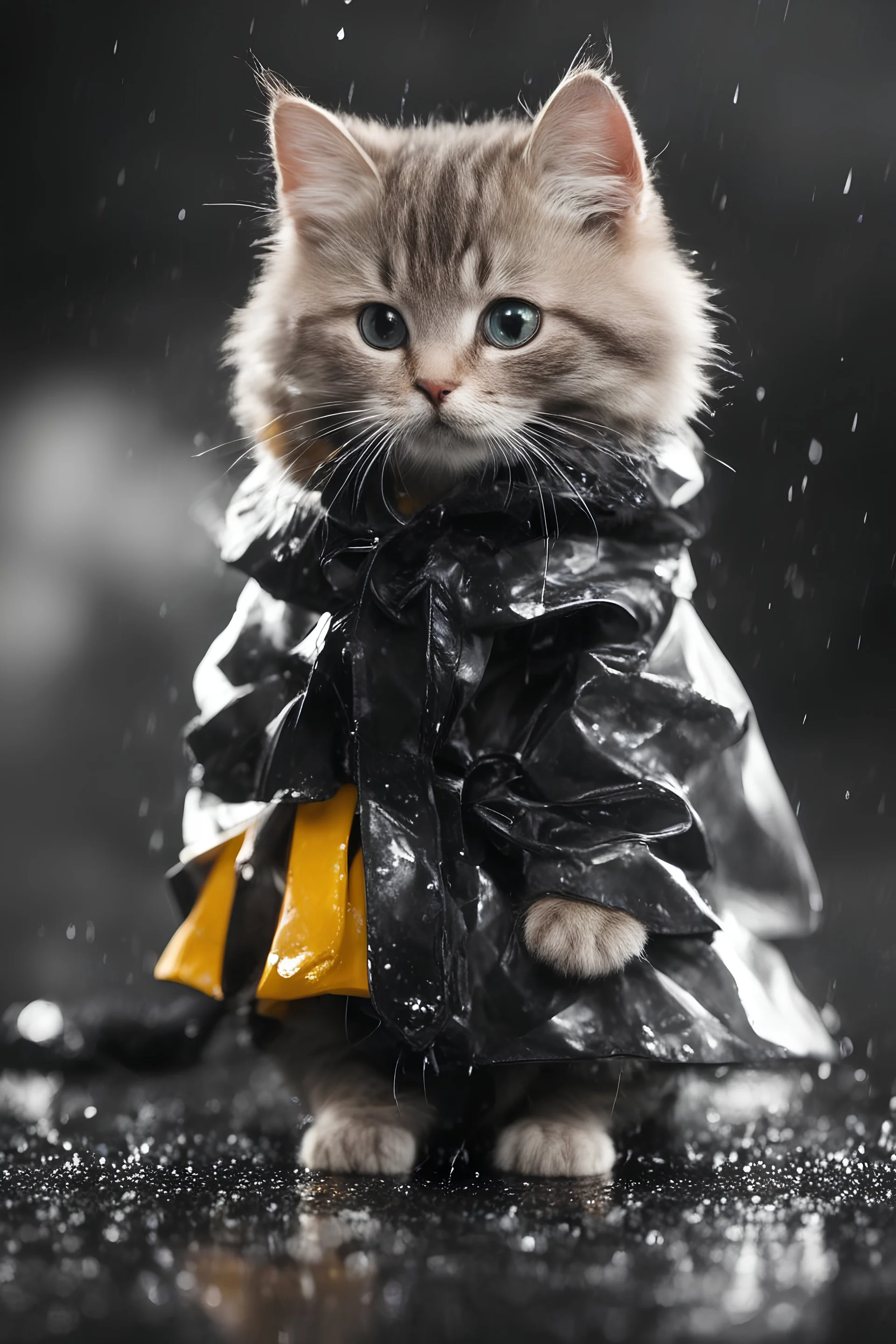 baby cat in raincoat. Chibi, Photograph, Canon DSLR, Tilt - shift, black background, high definition, Complete and coordinated composition, 8k