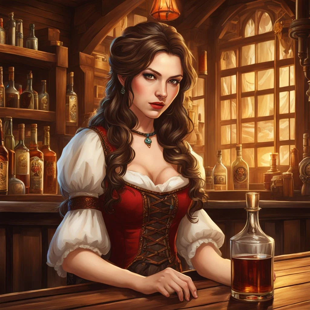 A young woman with pale skin and long brown hair in a fantasy tavern setting with intricate details. She is smirking, a tavern wench pouring a glass of whiskey, has intense red eyes, intimidating presence. High definition.