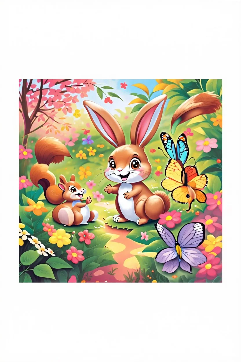 The beautiful butterfly happily sits on a patch of bright green leaves, the bunny and squirrel laughing, colorful garden background , child book illustration style, faces must be the same as reference image