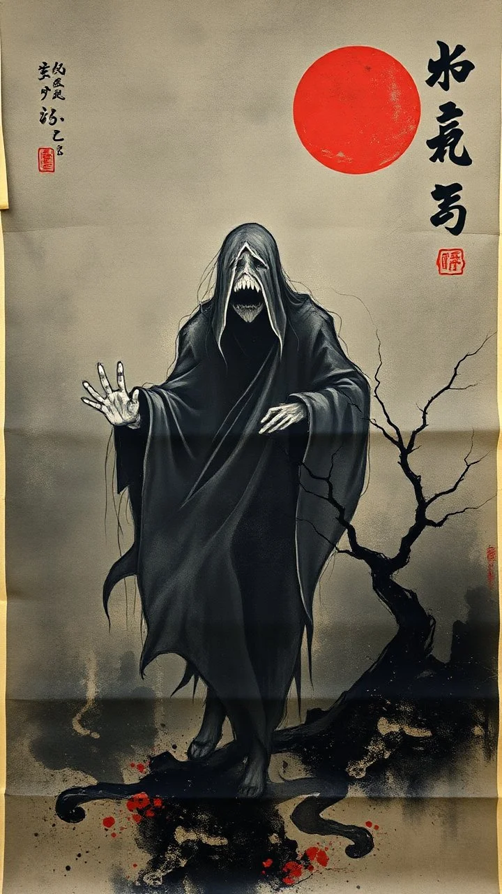 traditional Japanese scroll painting on silk depicting the fear of being alone, haunting menacing ghost shadowing the lonely person, moody, surreal, sinister, profound, dramatic, creepy, japanese calligraphy, abstract and surreal elements, deconstructivism