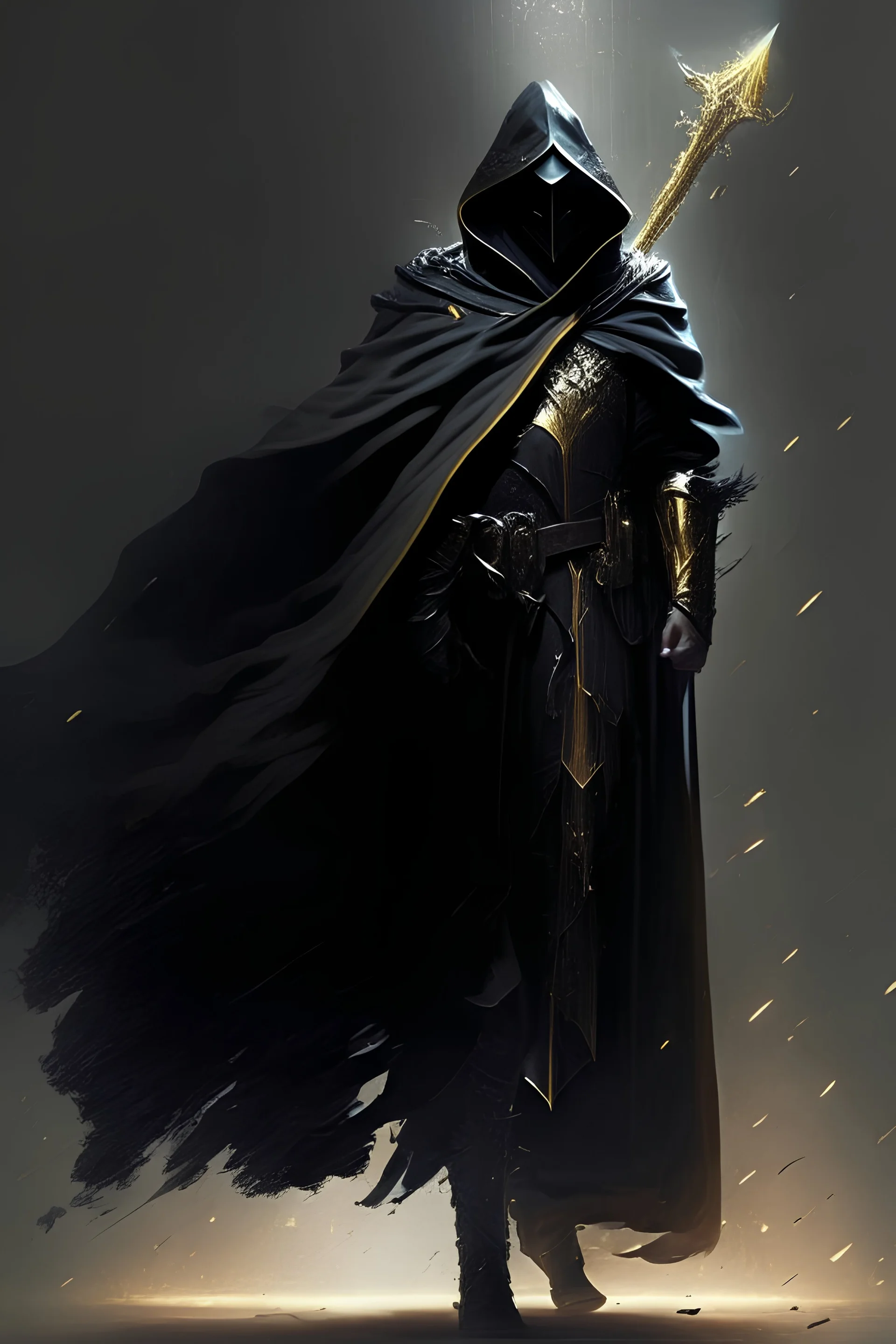 A commander with a black cloak and a long coat with long combat boots and a long spear with his Helmet is golden under his cloak like assasins With a magical power in his hand