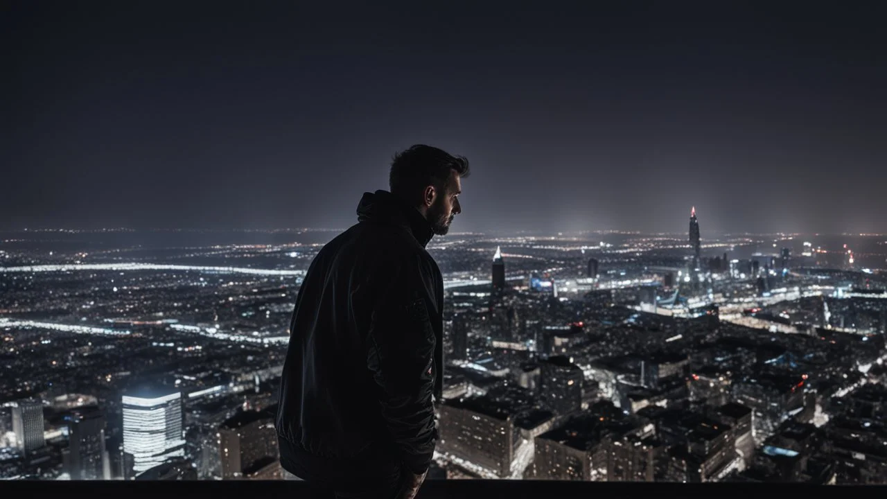 An Englishman in a bomber jacket standing at the top of a tall building looking across a city at night