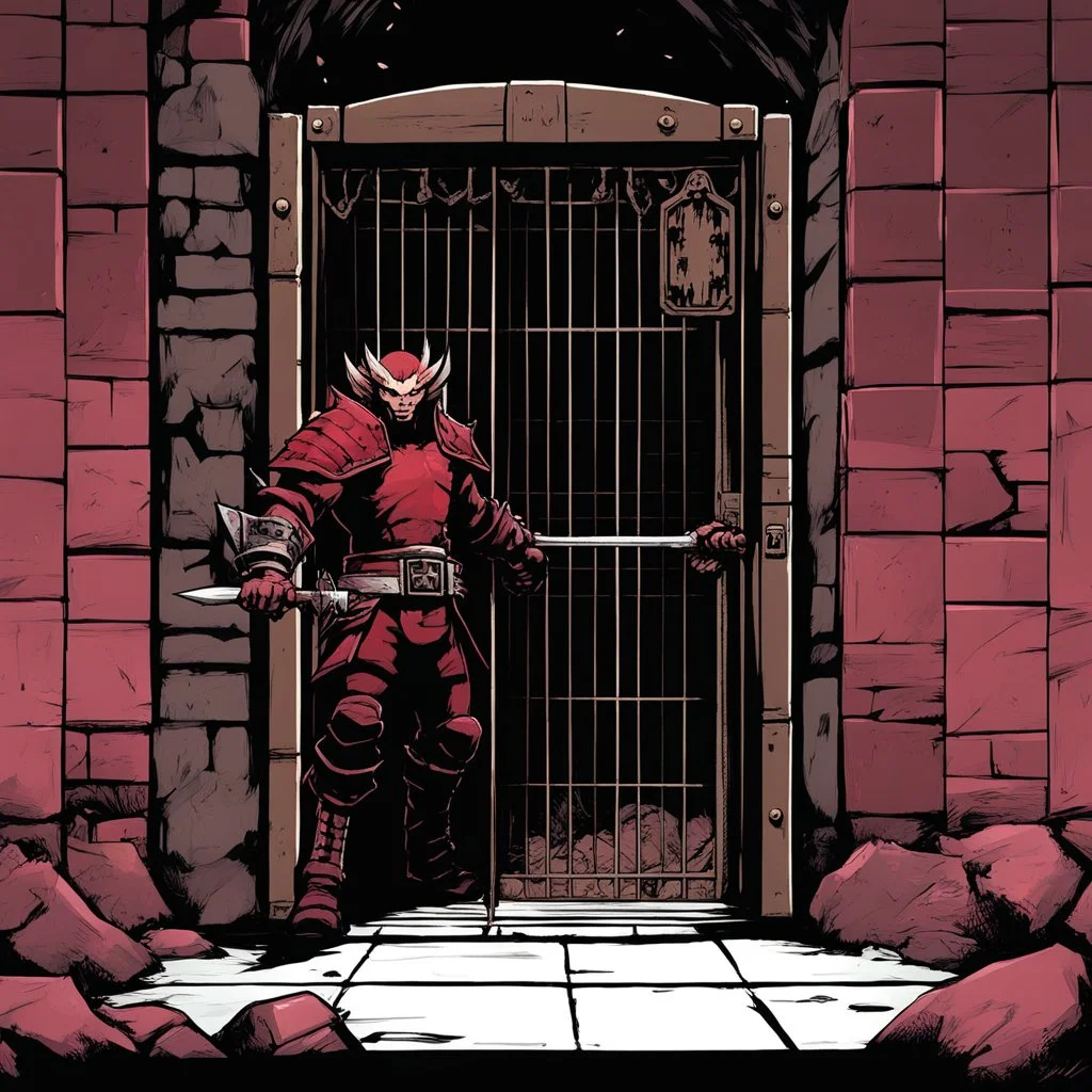 [wii No More Heroes style with thick lines] Now he knew why Tarascus had come so subtly to his door, and later had fled so swiftly. The king had unlocked his door, and, somewhere in these hellish pits, had opened a cell or cage that held some grim monstrosity. Now the thing was emerging from the cell and was again advancing up the corridor, its misshapen head close to the ground