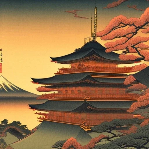 Ukiyo-e Style , mount fuji, sun set