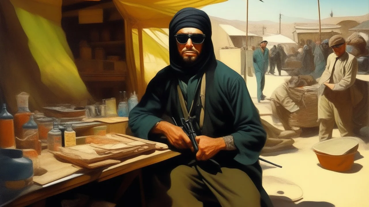 takistan life, action scene oil painting. dr arab cover 1970, far perspective dnd style. sunglasses. marketplace dark business, with ak 47 shooting food.