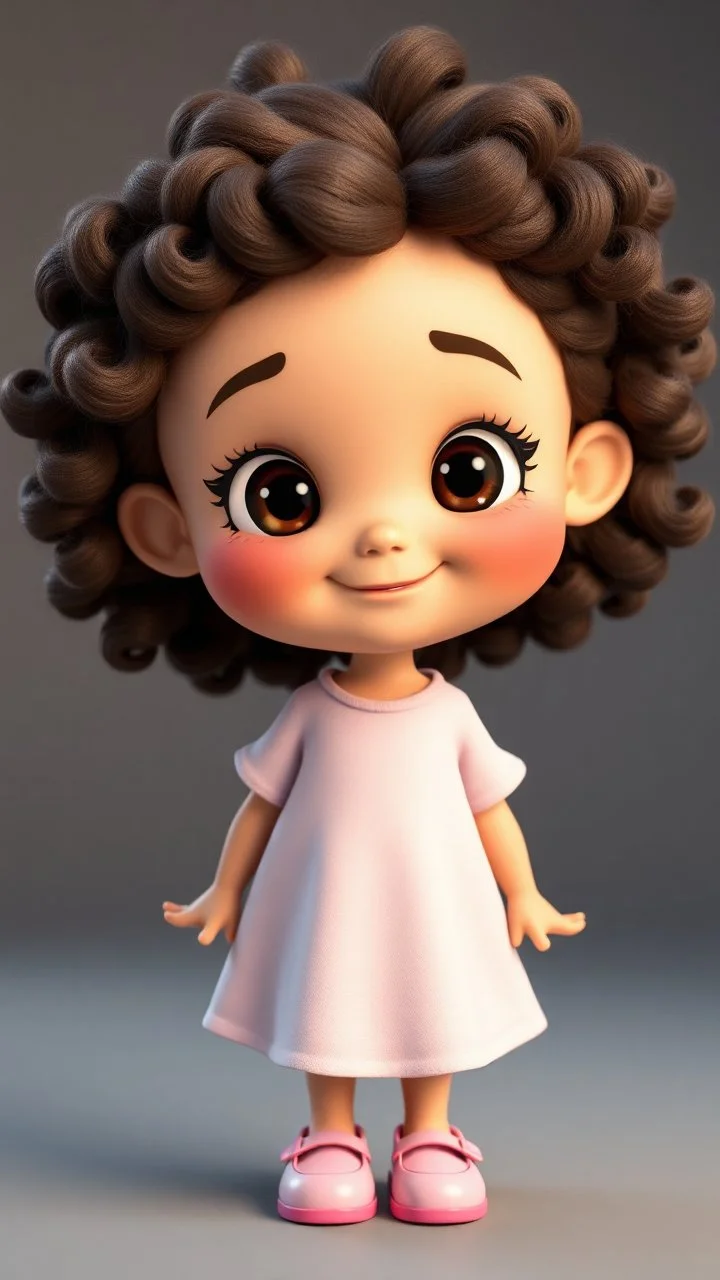 A little cartoon girl . Beautiful exaggerated features, highly expressive and lively face, 3D design with excellent lighting and texture. Curly voluminous hair, a heartwarming smile.standing pose ,in pretty shoes.head size normal.