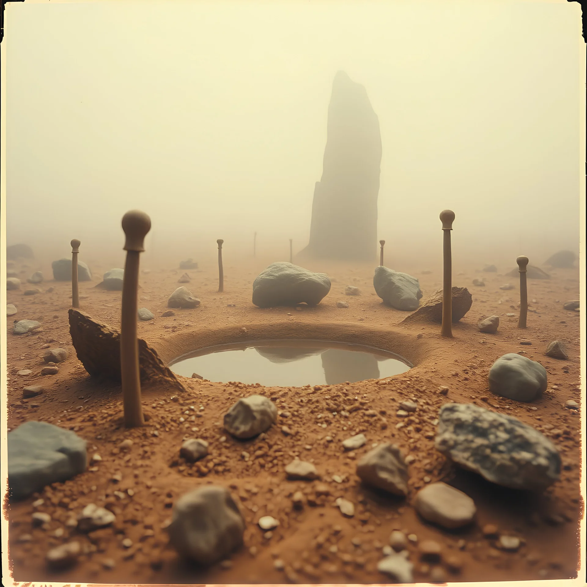 A striking quality close-up polaroid photograph captures a surreal wasteland with odd stones, pond, odd spindle-shaped objects, spooky, creepy, details of the dust very accentuated, glossy, organic, adorned with minerals and rocks, fog. Bathed in feeble light, eerie, Yves Tanguy style, black sun, fog, volumetric light, octane render