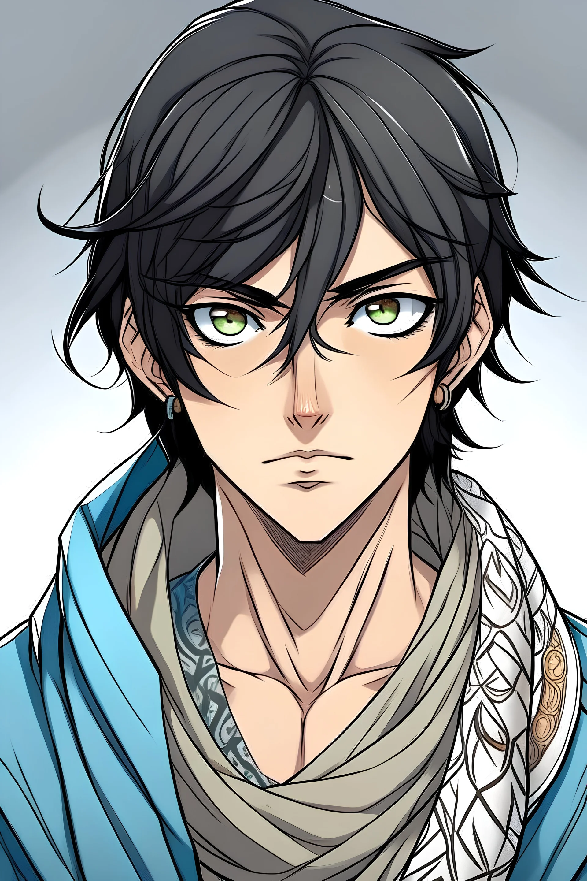 Draw 5 illustrations of an anime character ( man ) who has white eyes and black hair with a comic style, colored, wearing strong look. Wear traditional Arab clothing without anything in his head