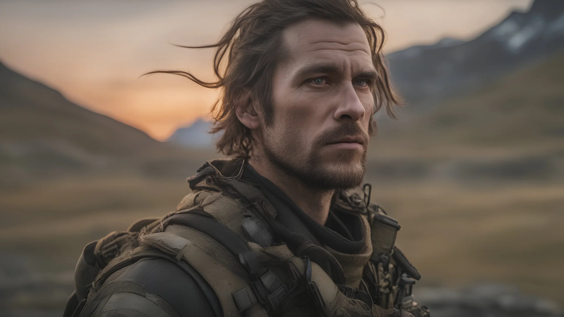 RAW photo, half-length of a man in a post apocalyptic future, thick hair, intricate clothes, military boots, improvised weapon, insanely hyper-realistic, highly detailed textures, skin pores, nose piercing, perfect lighting, photorealism, photo realistic, hard focus, smooth, depth of field, sky with northern lights background, 8K UHD, photo taken by a Sony Alpha 1, 85mm lens, f/1. 4 aperture, 1/500 shutter speed, ISO 100 film, neutral colors, muted colors