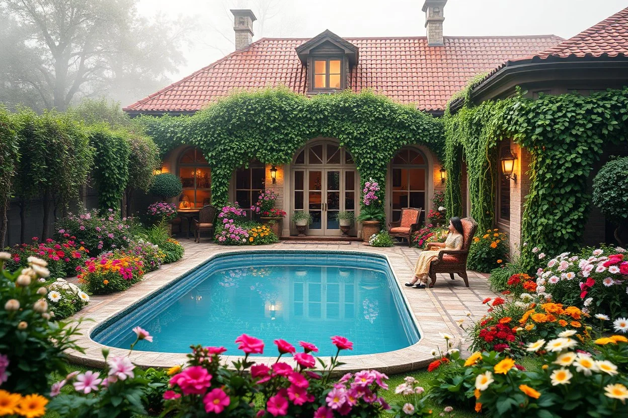 all scene is made of small colored cubes:a luxury villa yard with pool in center and pretty plants trees flowers, morning mist, lost paradise atmosphere,a pretty model lady in victorian clothing resting in a comfort far in villa yard in flowers .every thing and lady is made of small colored cubes as a puzzle