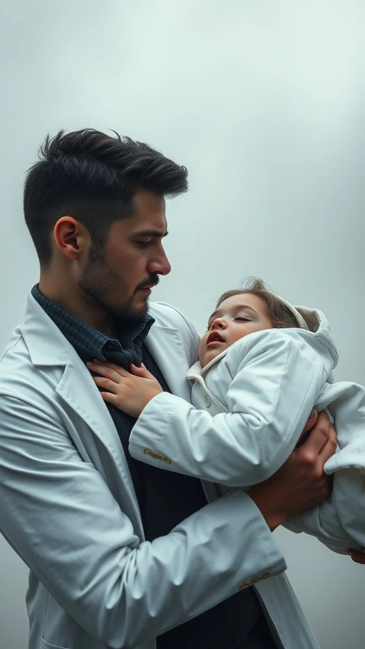 Remy Cogghe styles , a trajectory a man holding his girl who is dead , she is laying down on his lablooking at you In foggy smoky background