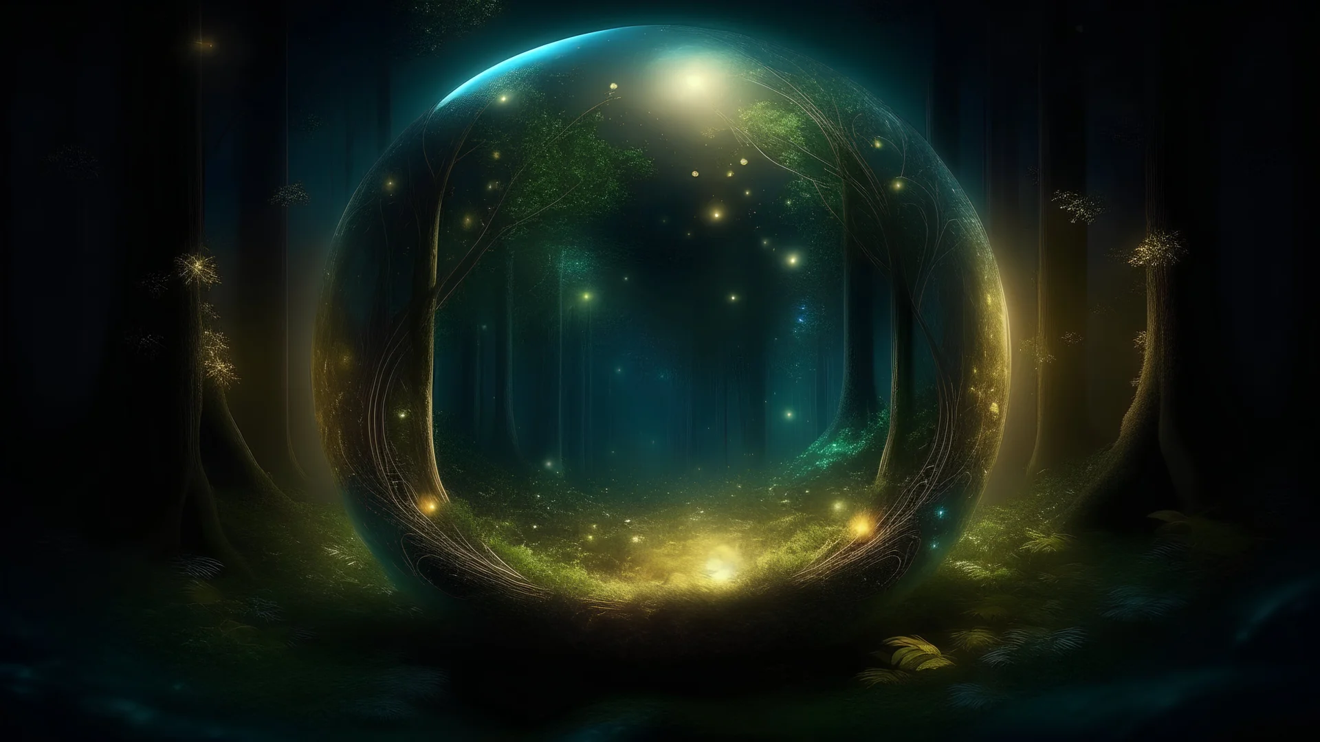 2:1 sphere faces image. Enchanted forest. fireflies wandering. mystical.