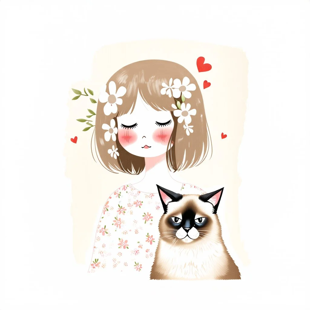 girl and a fluffy Siamese cat, naive childlike proportions, girl in profile with closed eyes and rosy cheeks, textured hair filled with white flowers and scribbled lines, simple floral dress, cat with eyes closed and tiny red hearts above its head, mixed-media acrylic and pencil texture, muted vintage pastel colors, warm beige background, dreamy feel, soft and imperfect hand-painted, naive art style.
