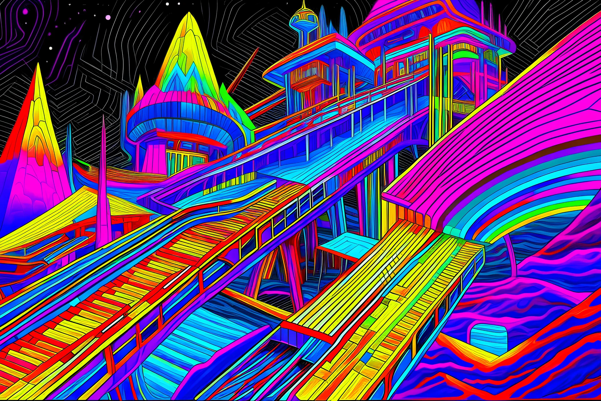 reality becomes going over edge of precipice on a roller coaster whilst neon-hued geometric fractal hallucinating/tripping hard on LSD. in oil pastel on textured dark gray drawing paper