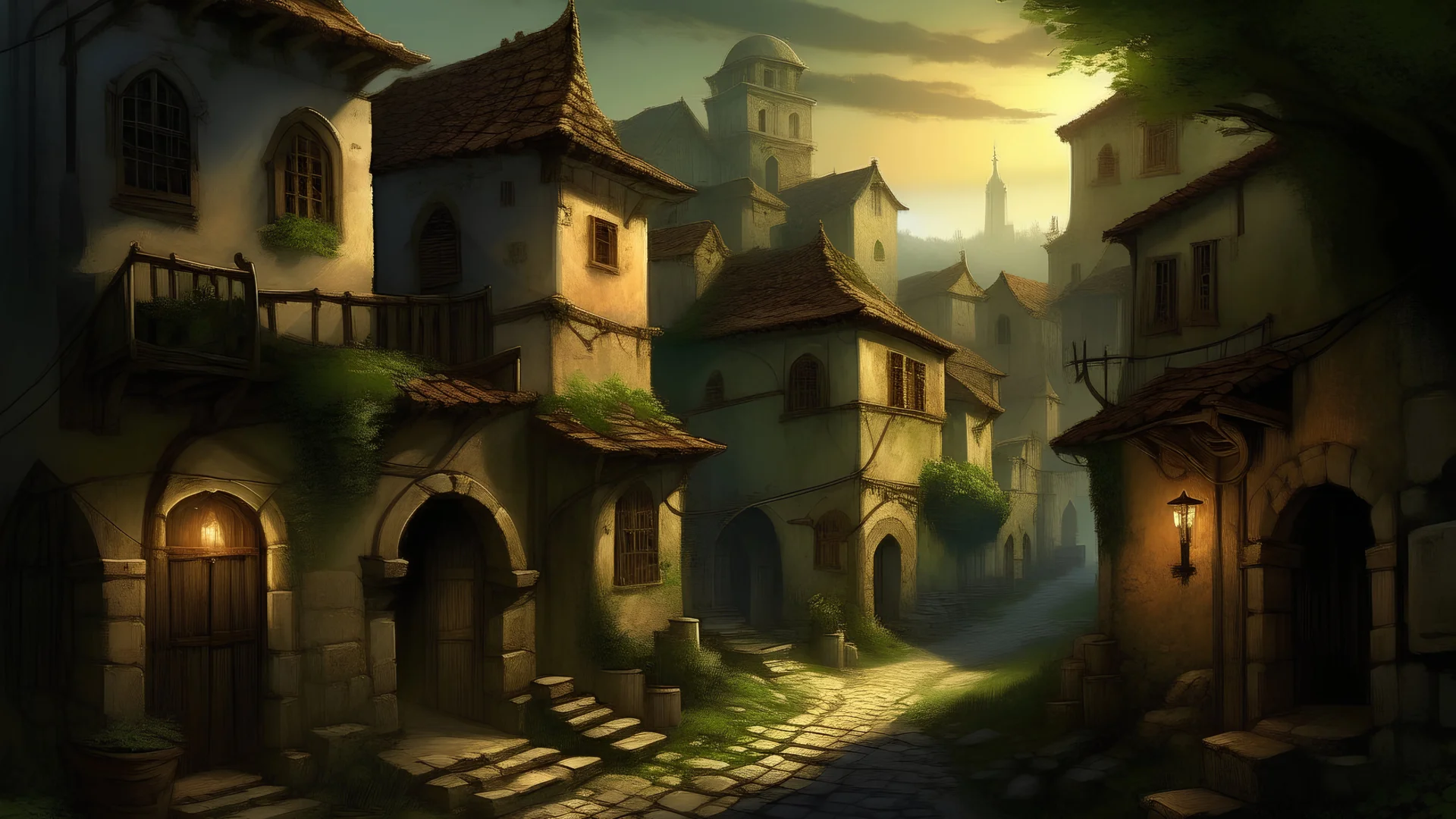 The old town extends into a deep valley, where the stone streets and ancient buildings appear as if time has stopped here. The atmosphere is mysterious and charged with secrets, as light and shadow intertwine in this ancient space. The town is located next to a dense forest, where ancient trees bathe the places in their mysterious shadows. This place seems to have been forgotten by time, and nature and ancient elements take over, as the visitor feels that he has entered a parallel world. In th