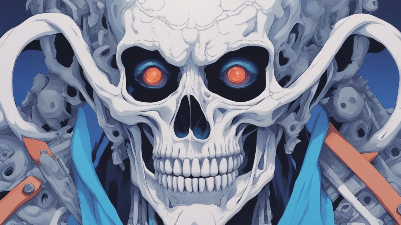 a close up of a person with a skull on their head, blue and white colors, anime skull portrait man, scary detailed art in color, hiroyuki-mitsume takahashi, nychos art aesthetic, half man half skeleton, anime cyberpunk art, colored manga art, rossdraws pastel vibrant, hot colors. insanely detailed, beautiful anime portrait, stunning anime face portrait, scary art in color
