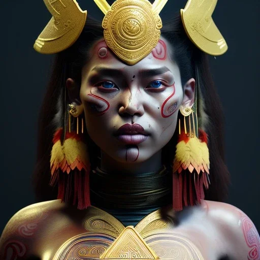 Maori woman, rounded face, blood, black, gold, brown, samurai helmet, decorative color feathers, retro, bamboo, leather, soft color, highly detailed, art stations, concept art, smooth, unreal engine 5, god rays, ray tracing, RTX, lumen lighting, ultra detail, volumetric lighting, 3d, finely drawn, high definition, high resolution.