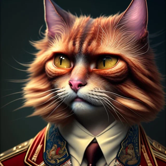 A beautiful portrait of ginger old cat wearing a suit by sandra chevrier and, greg rutkowski and wlop, red color scheme, high key lighting, volumetric light, digital art, highly detailed, fine detail, intricate, ornate, complex, octane render, photorealistic