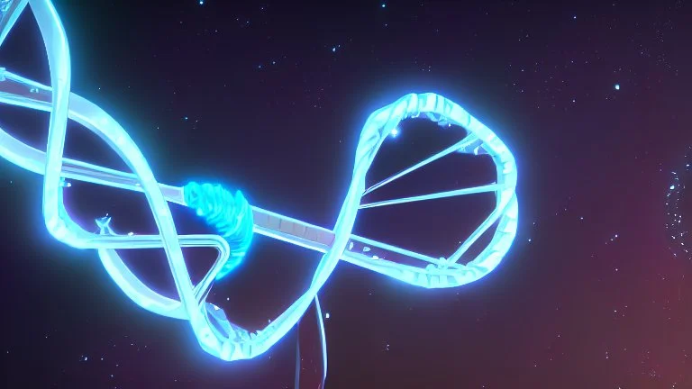 DNA double helix floating in space with the stars and planets