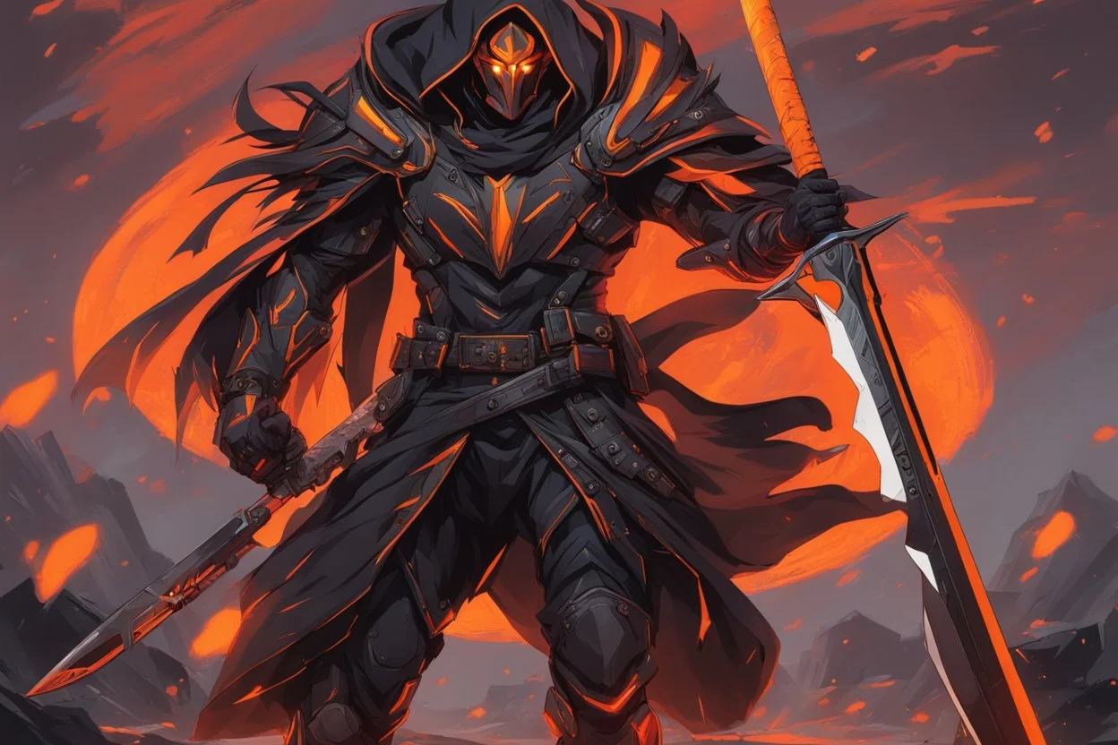 Warrior, solo leveling artstyle, black custom, Reaper them, neon orange details, machete, full body, apocalypse, intricate details, highly detailed, high details, detailed portrait, masterpiece,ultra detailed,best quality