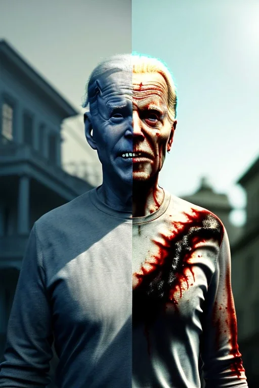 Ultra realistic image, joe biden zombie, zombie performance, skull, grey glow eyes, green blood, torn arm, night, walking twisted, waist up view, thriller style, dark ambient, highly detailed, White House background, concept art, unreal engine 5, god rays, ray tracing, RTX, lumen lighting, ultra detail, volumetric lighting, 3d, finely drawn, high definition, high resolution.