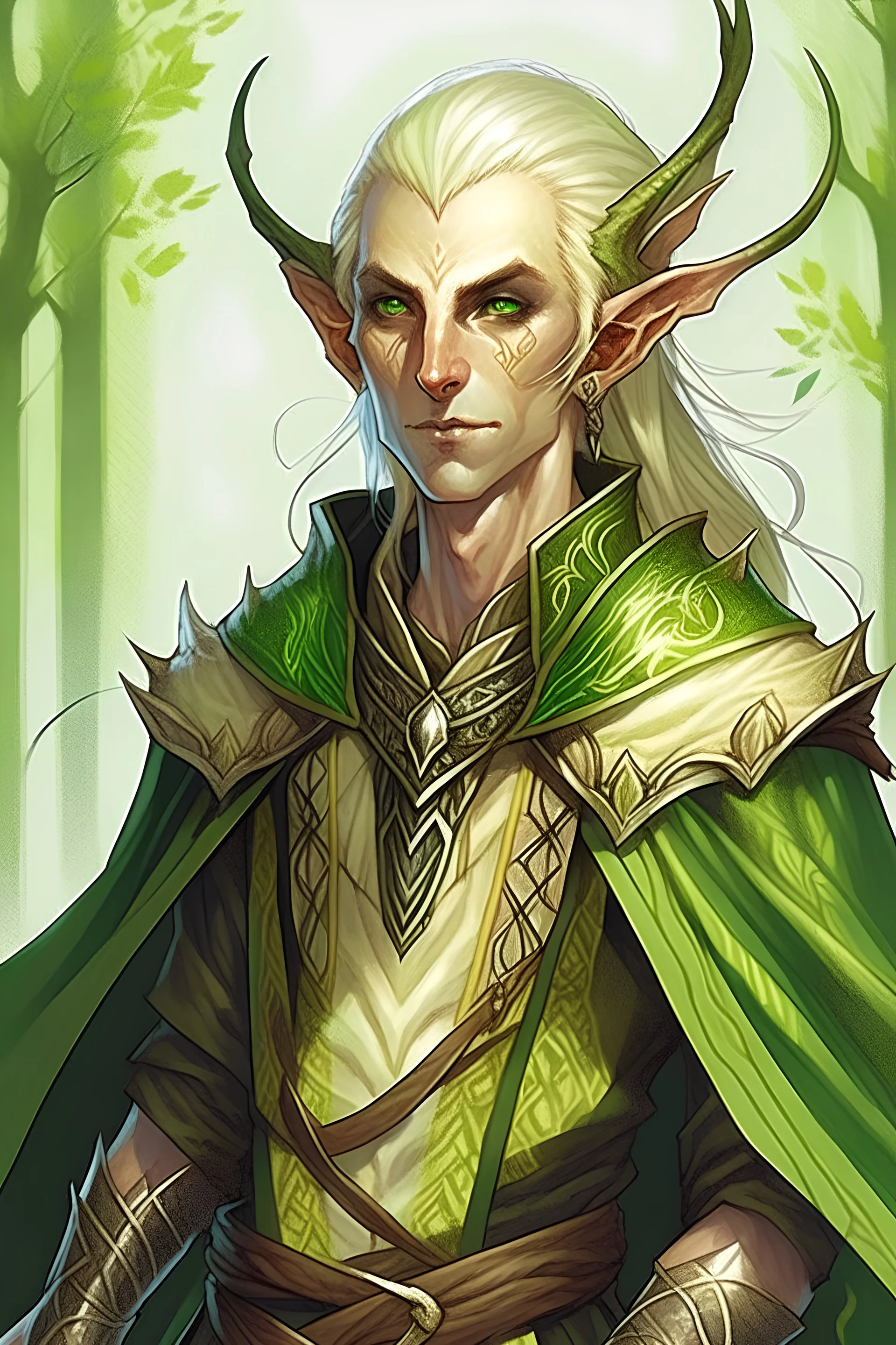 An adult wood elf man with white blonde hair, pointy ears, a feather cloak, fancy clothes, short beard, fancy clothes, light skin