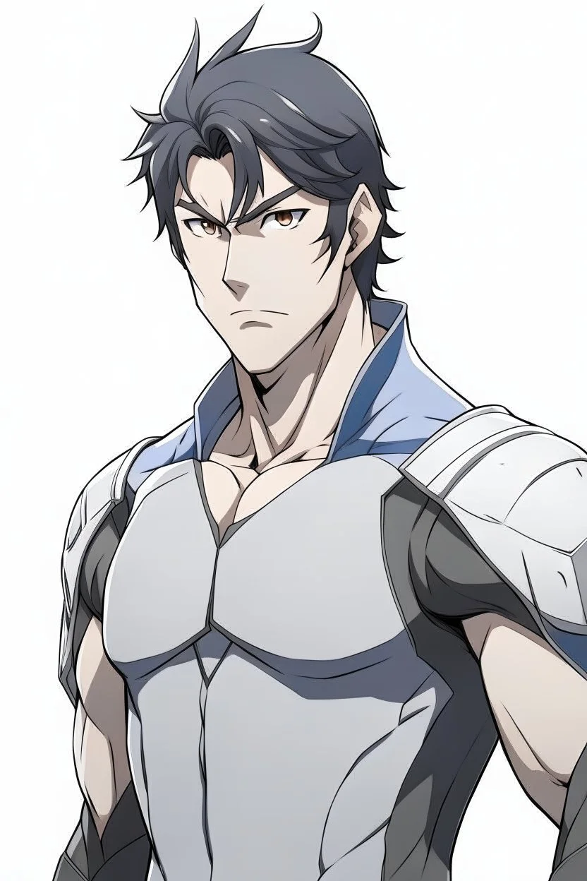 Anime man side character with dark brown hair, small muscles, aged 30, wearing a gray superhero suit