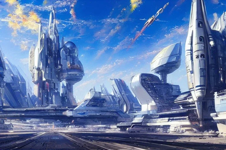 Spaceship starting from a Spaceport on a heavy industrialized planet, art by John Berkey, buildings with glass facades, insanely detailed, vibrant, 8k uhd, ultra-wide angle, street level view, brush strokes, blue sky with clouds