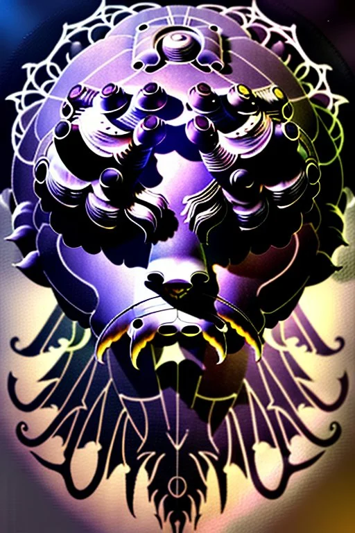 bearded man head with feathers, spheres, cubes, gears, clocks, engine parts, exhaust pipes, fur, peacock feathers, mechanism, in the style of Android Jones, gradient, bioluminescent, rococo, photorealistic, intricate details, 8k, purple and gold, digital painting, top light, illustration, trending on artstation