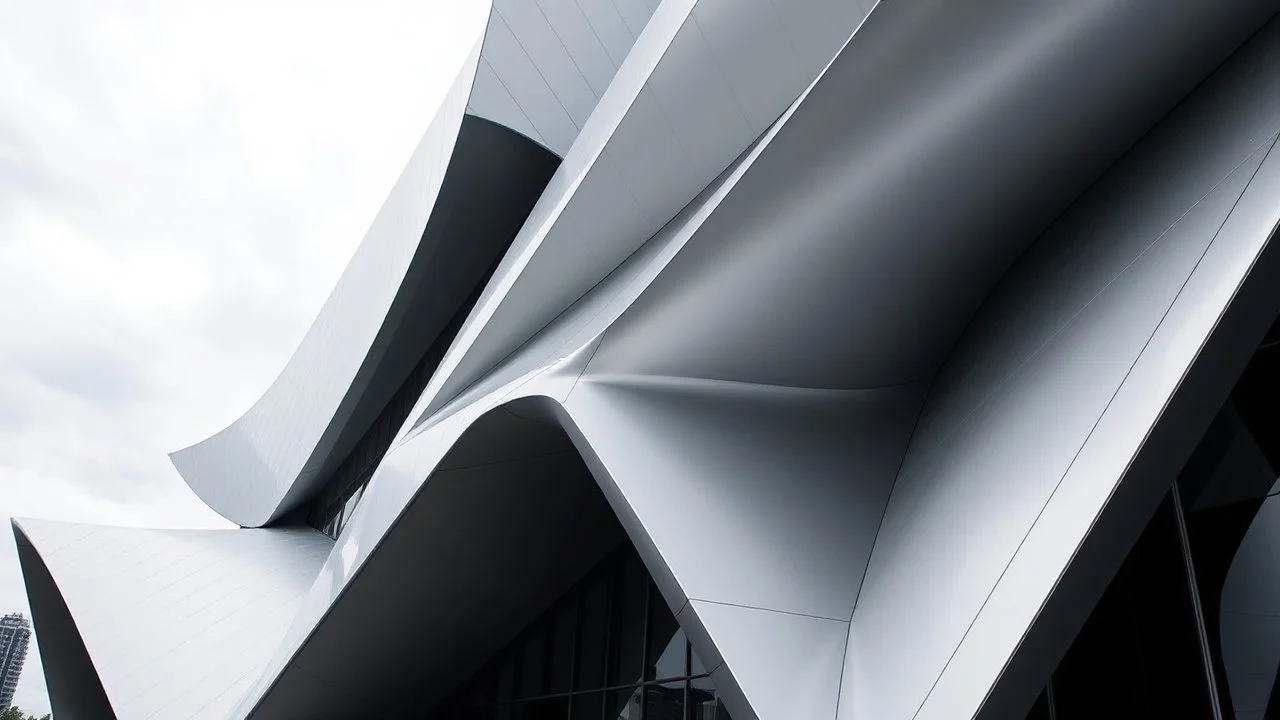 Image showcases a modern architectural structure with a sleek, futuristic design. The building features sharp, angular lines and smooth, metallic surfaces that reflect light, creating a dynamic and visually striking appearance. The structure is composed of overlapping, curved panels that converge at various points, giving it a sense of movement and fluidity. The color palette is predominantly shades of grey and silver, enhancing the contemporary aesthetic. The background consists of a cloudy sky