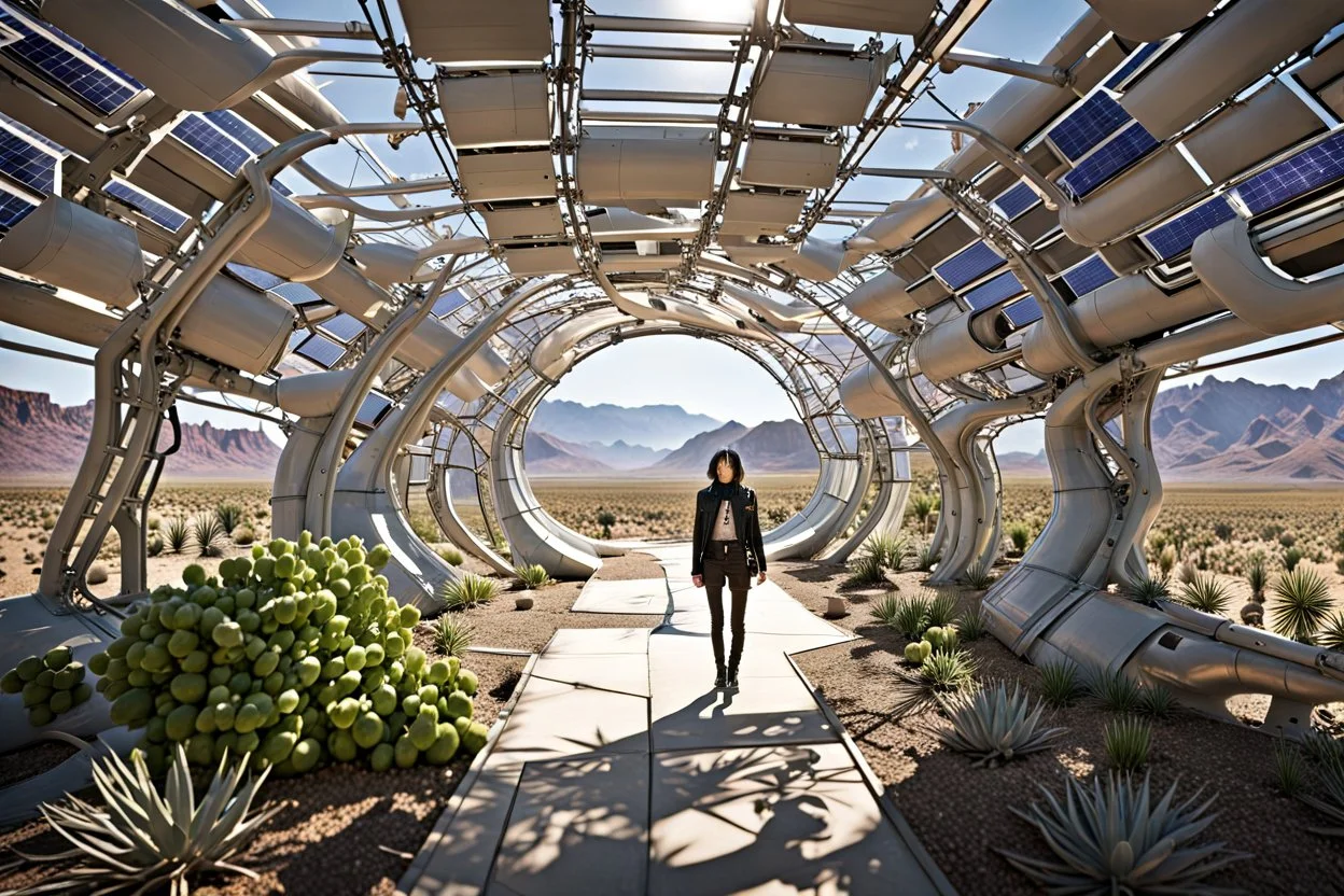 Unground solar punk tunnels, cinematic, extreme dof, dystopian, sci-fi, award-winning, Yui working hard in a garden, National Geographic, breath taking, oxygen farm but outside is a desert, fantasy, magical, geometry