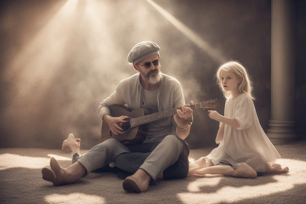 An angel handsome man with a very very!!! short, grey beard and moustache and a grey beret, with round black sunglasses and a shining halo plays guitar, in front of him a 7-year-old girl with blonde-brown hair is listening with her head propped on her elbow on a carpet, ethereal, heavenly, otherwordly, cinematic postprocessing, shading pastel and charcoal in sunshine, watercolor