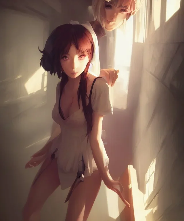 Insane pretty young woman short dressed. by wlop, ilya kuvshinov, krenz cushart, greg rutkowski, pixiv, sarah j. maas book cover style magician at the end of a corridor, smooth, sharp focus, d & d style, artstation, 4 k, hdr. Full body